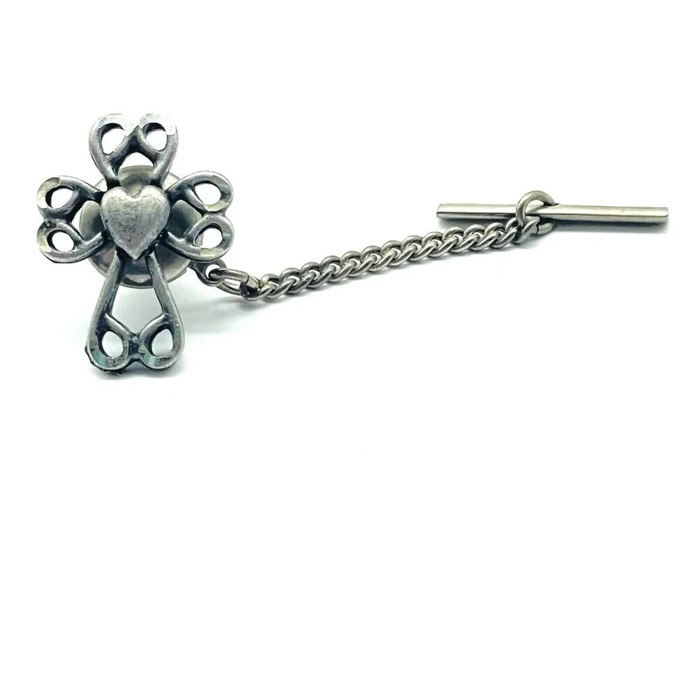 Heart Cross Tie Tack Lapel Pin Silver Tone Classic Mens Accessory Christian